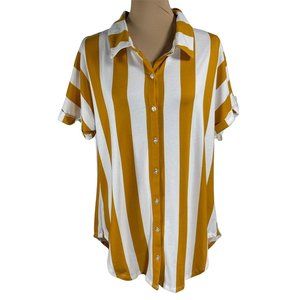 Striped Mustard and White Button-Up Women's Top
